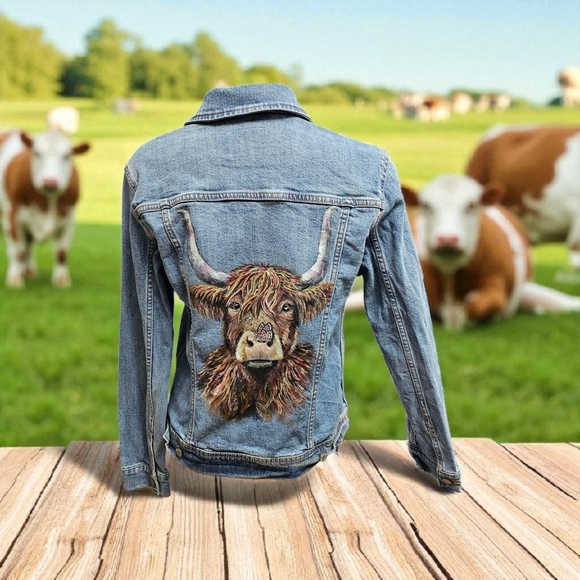 Hand Painted Highland Cow With A Butterfly. On Denim Jean Jacket. - Picture 1 of 5